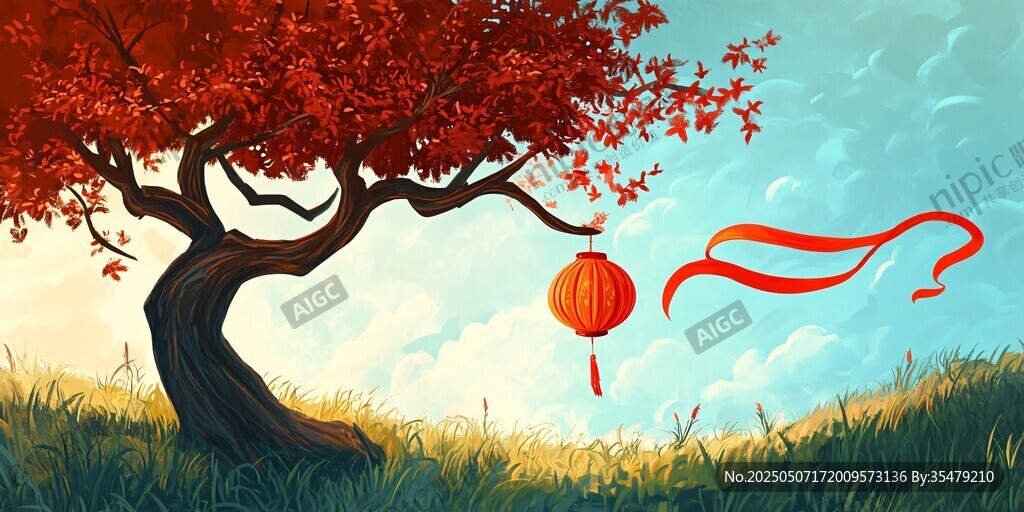 秋樹下的紅燈籠與飄帶