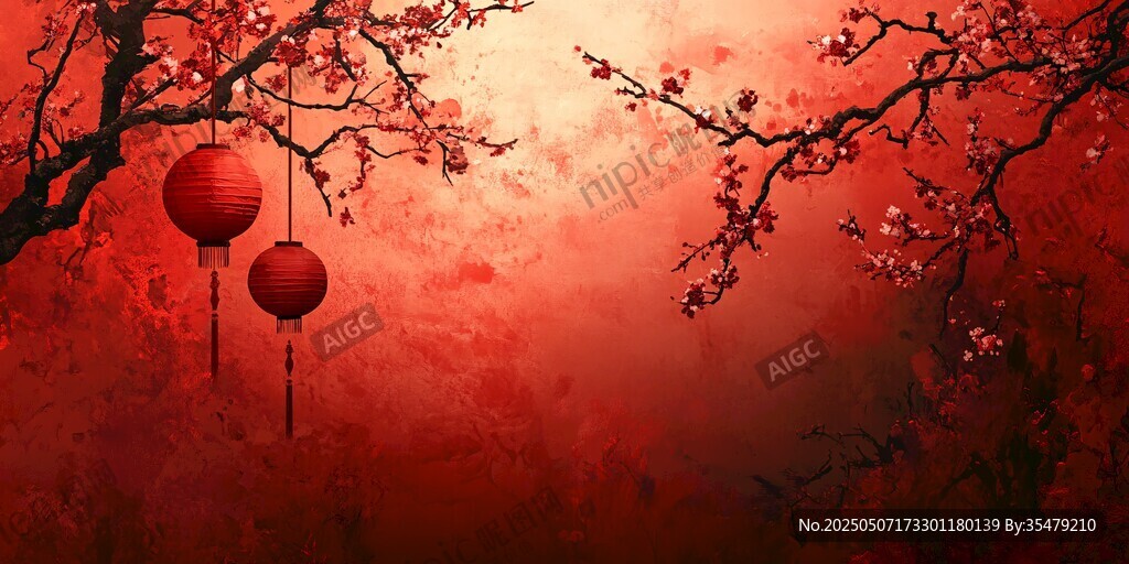 紅梅映燈籠的中式美景