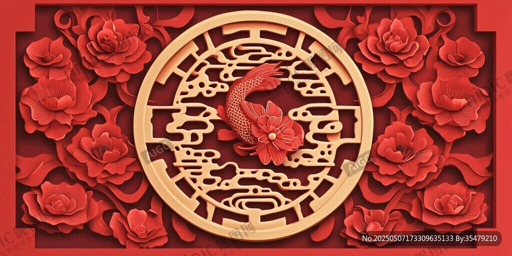 中式紅玫瑰環繞的錦鯉剪紙