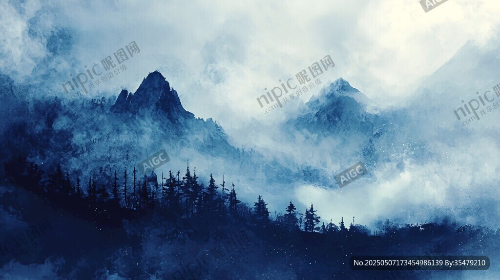 夢(mèng)幻藍(lán)調(diào)山間迷霧森林景