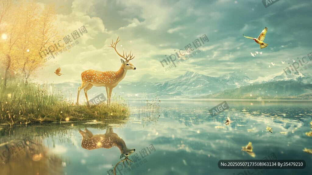 湖畔仙鹿 飛鳥相伴的美景