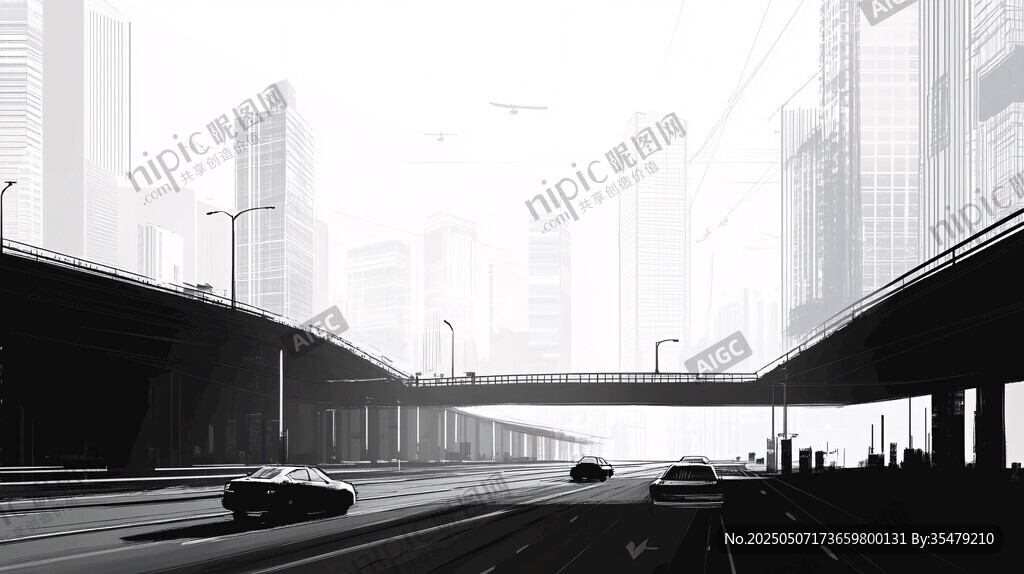 城市高架橋交通黑白景象