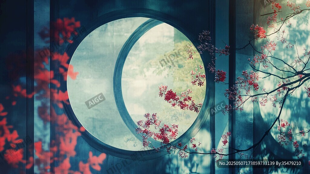 中式圓窗映紅枝景韻