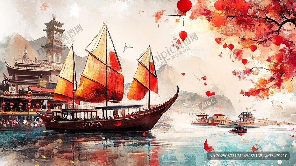 古風(fēng)江上帆船與紅楓美景
