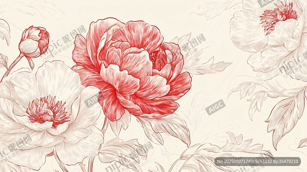 復(fù)古風(fēng)手繪牡丹花卉圖案