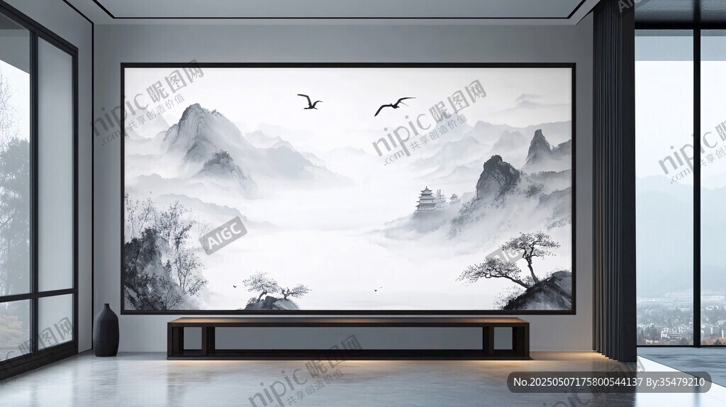 中式水墨風(fēng)客廳山水壁畫