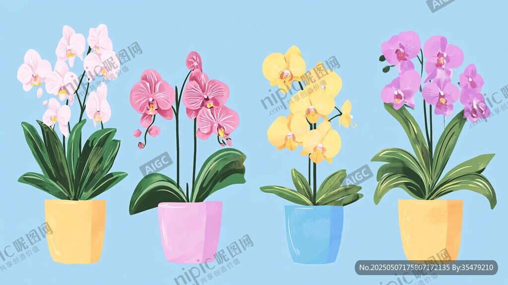 四盆多彩蝴蝶蘭插畫