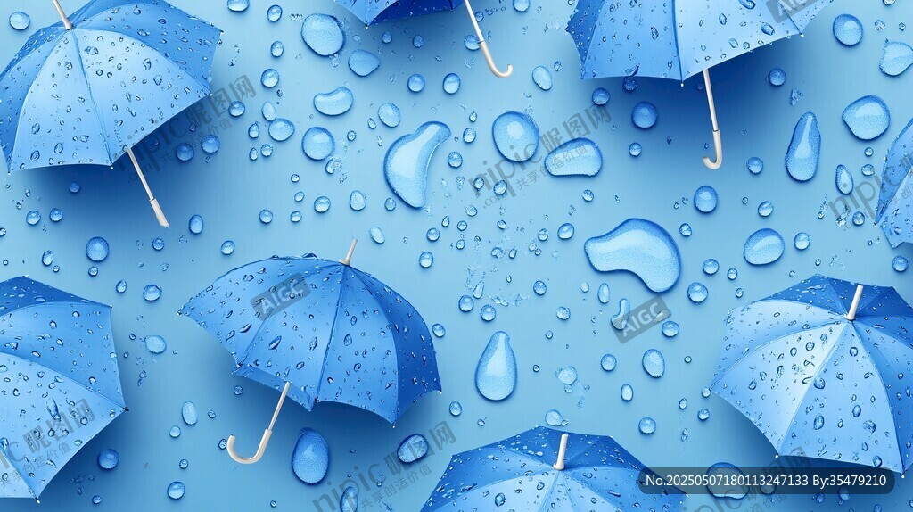 藍色雨傘上的晶瑩水滴