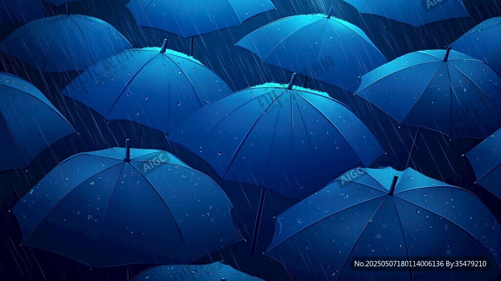 藍(lán)色雨傘雨中密集排列