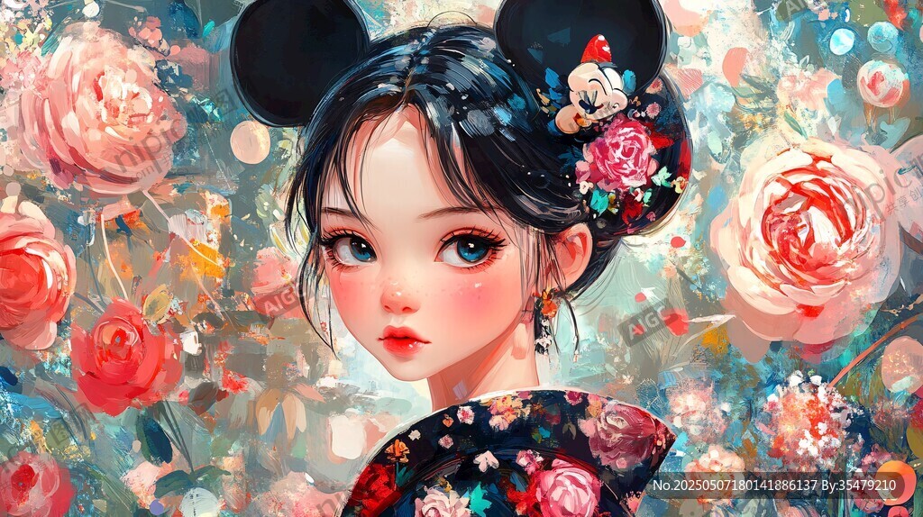 米奇裝扮的古風少女插畫