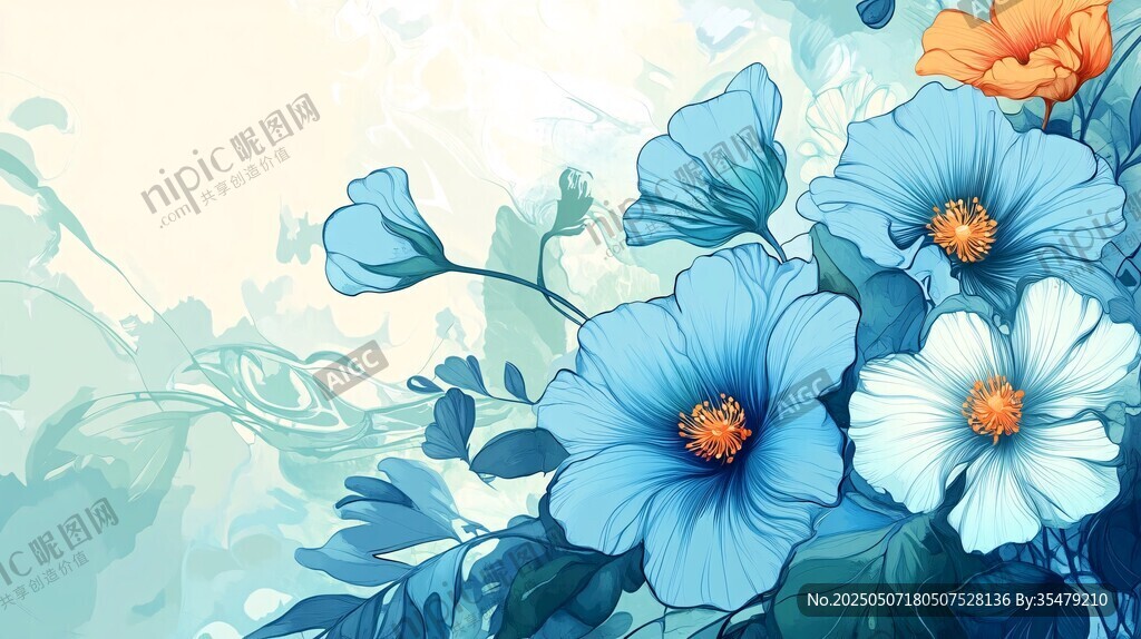 夢幻藍白花卉插畫背景