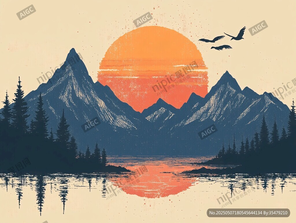 夕陽下的山水飛鳥美景