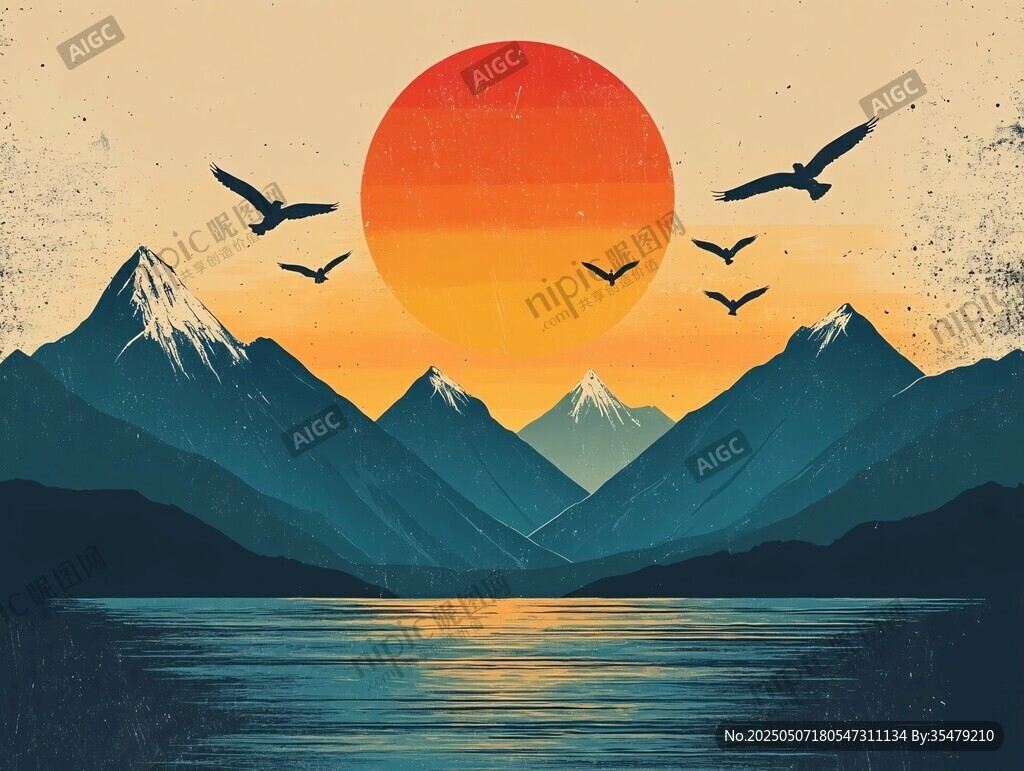 夕陽下的山水飛鳥美景