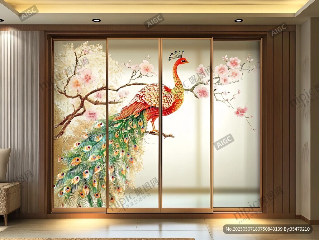 中式孔雀花卉屏風(fēng)裝飾畫
