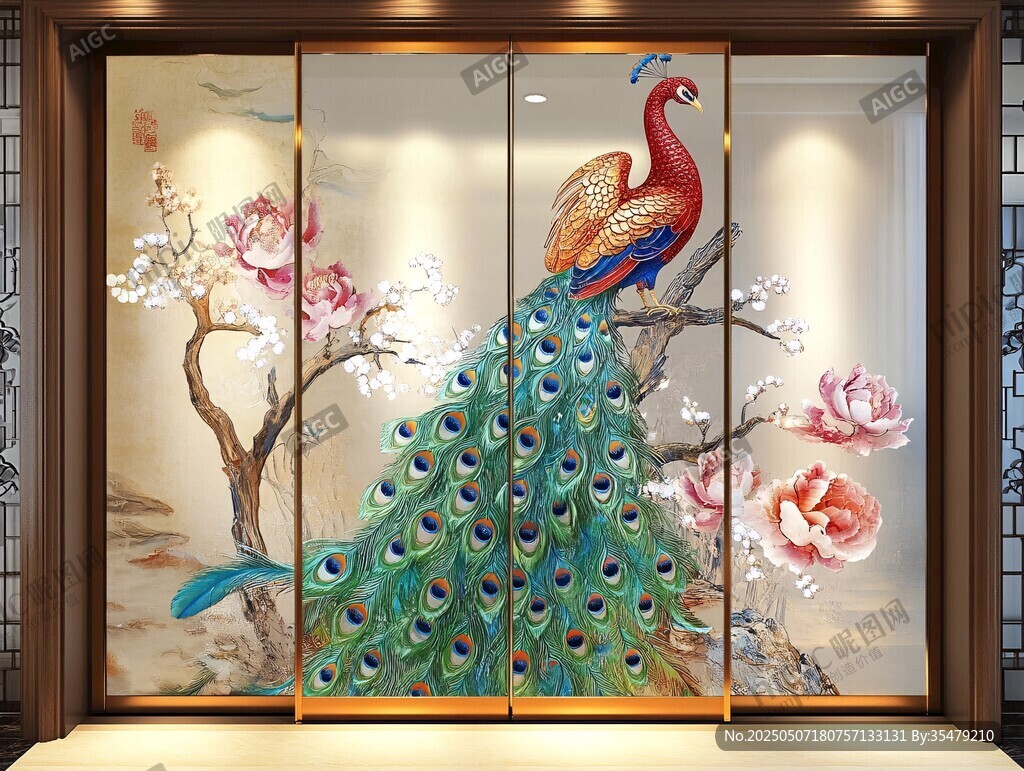 中式孔雀花卉屏風裝飾畫
