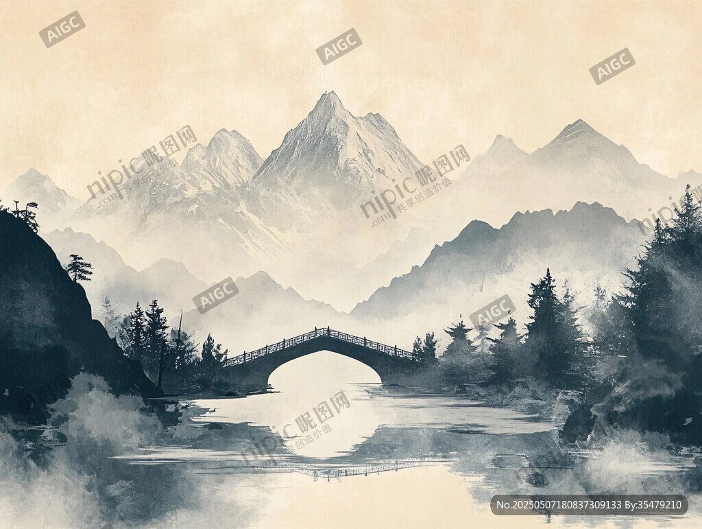 水墨山水間的橋畔景致