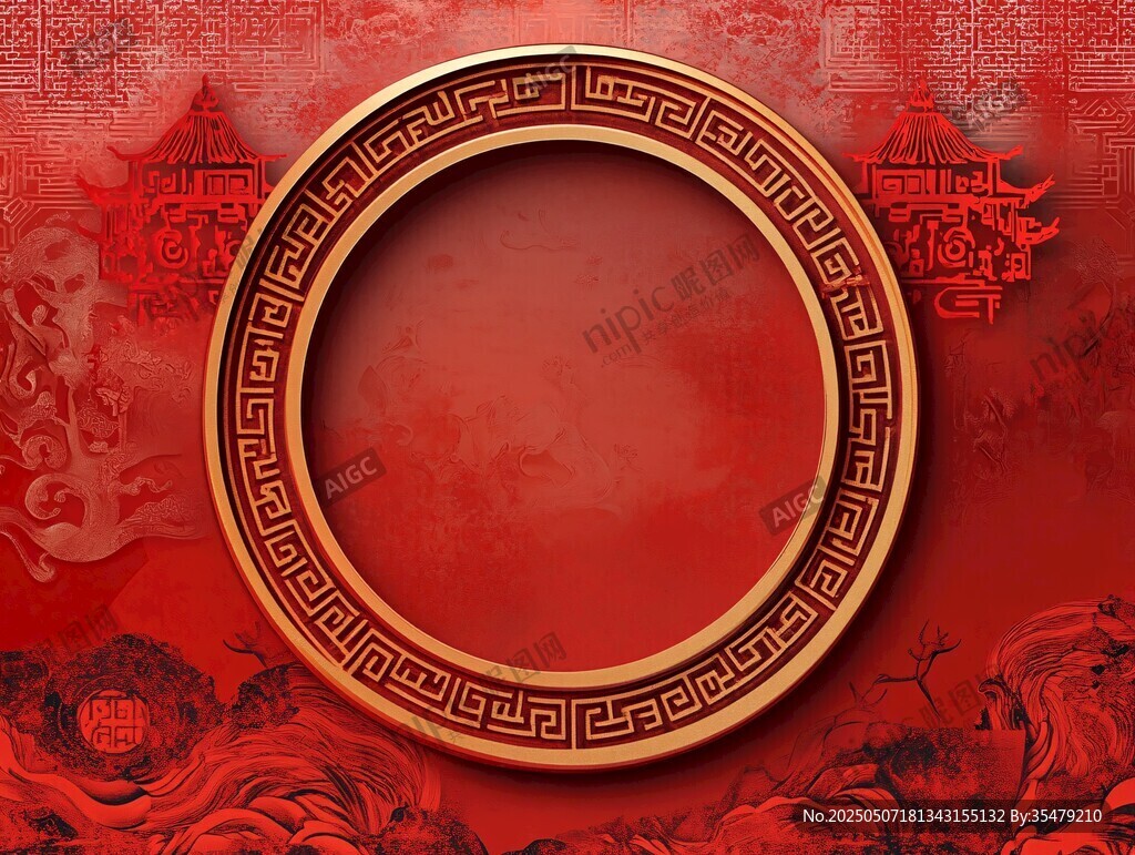 中式紅底金色圓環裝飾圖