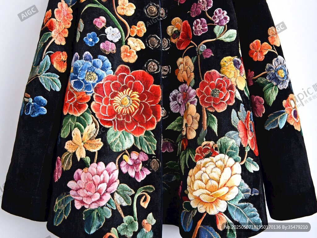 中式刺繡繁花黑色上衣