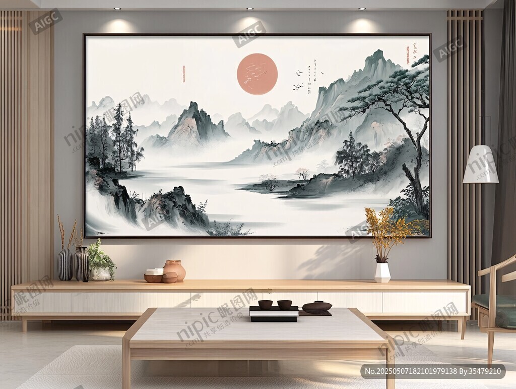 中式客廳山水壁畫裝飾