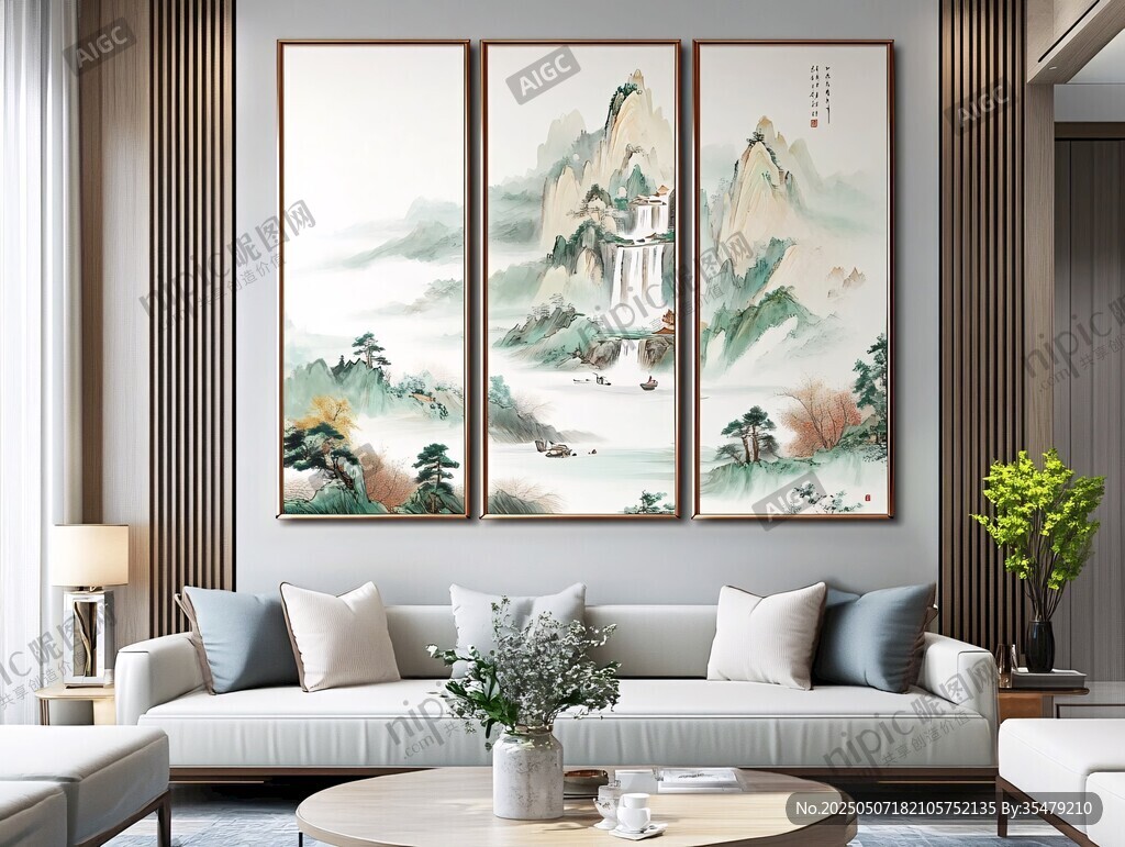 中式客廳三聯山水裝飾畫