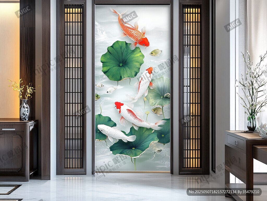 中式玄關九魚荷花裝飾畫