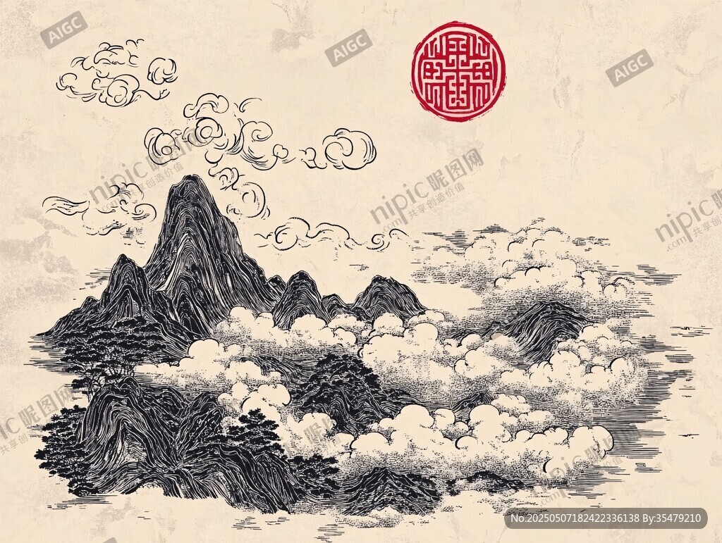 水墨云山古韻意境圖
