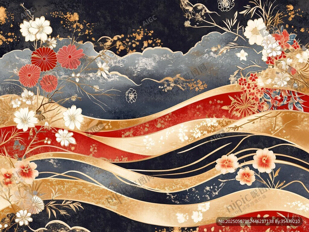 日式和風(fēng)花卉波浪紋圖案