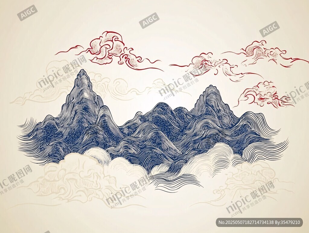 中式山水云紋國風插畫