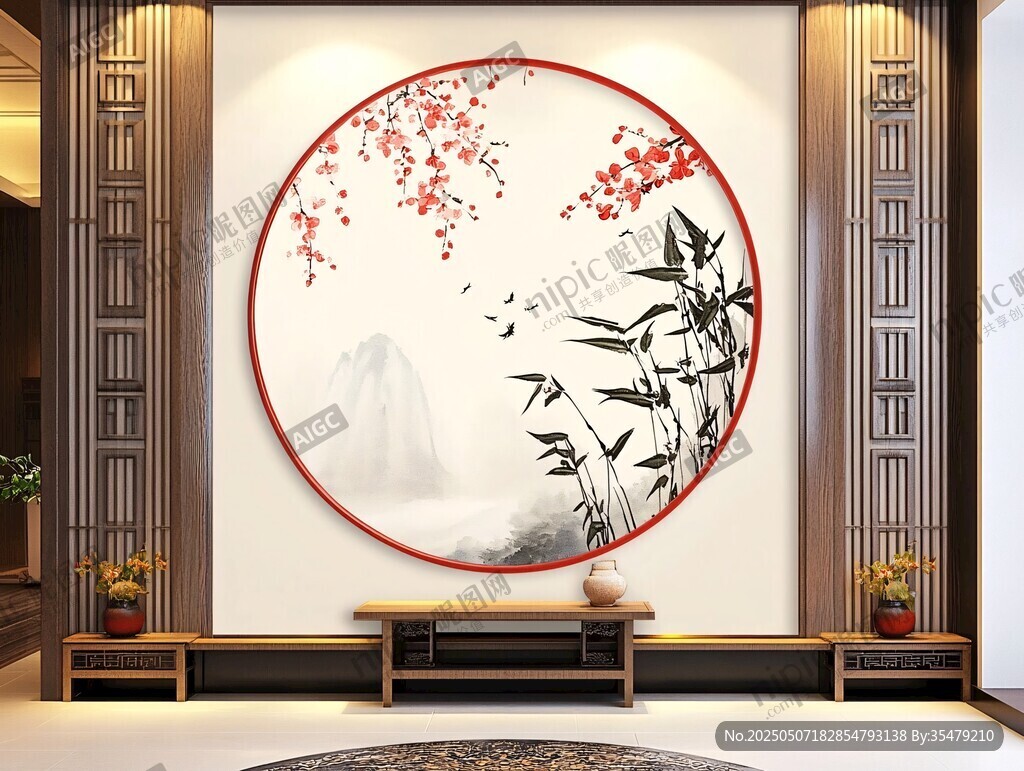 中式客廳圓形山水花鳥壁畫