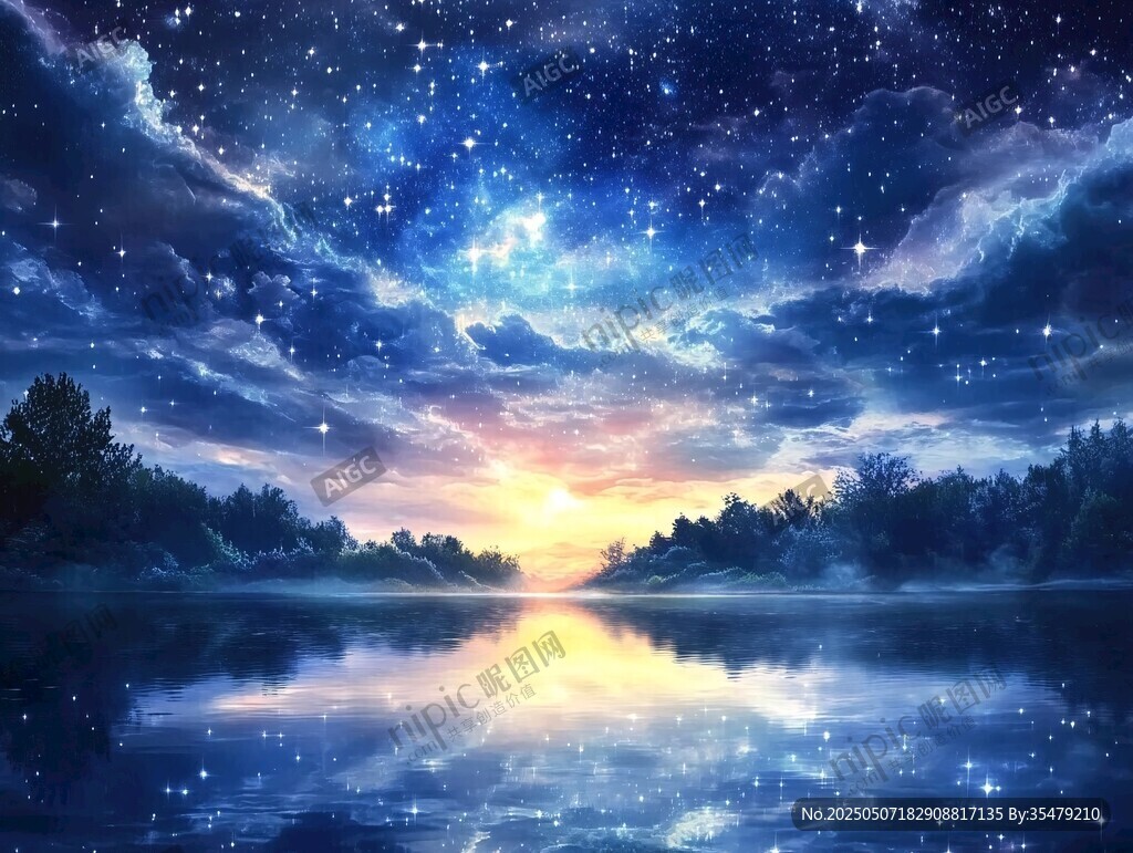 夢(mèng)幻星空下的湖畔美景