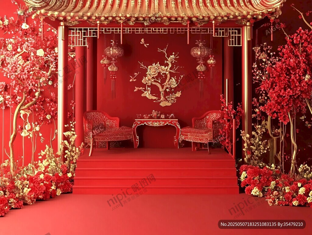 中式紅色浪漫婚禮場(chǎng)景布置