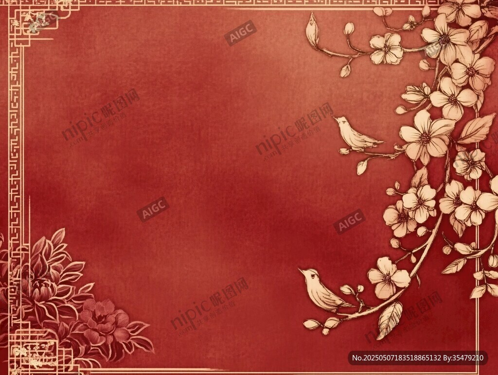中式紅底花鳥精美背景圖