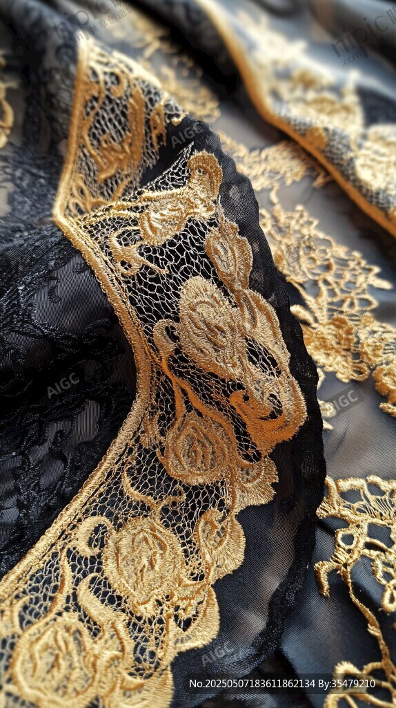 黑金刺繡蕾絲織物細(xì)節(jié)