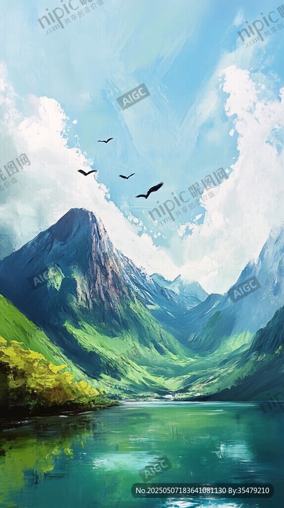 山間湖景飛鳥的詩意風光