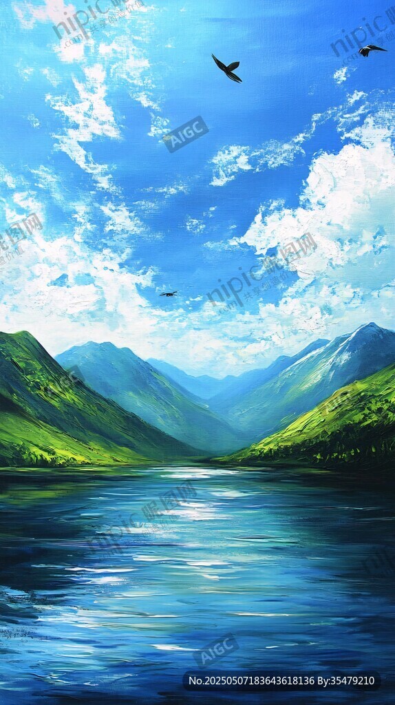 山水藍(lán)天飛鳥夢(mèng)幻風(fēng)景圖