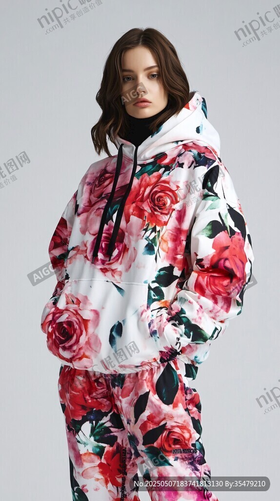 花卉印花連帽套裝時尚模特