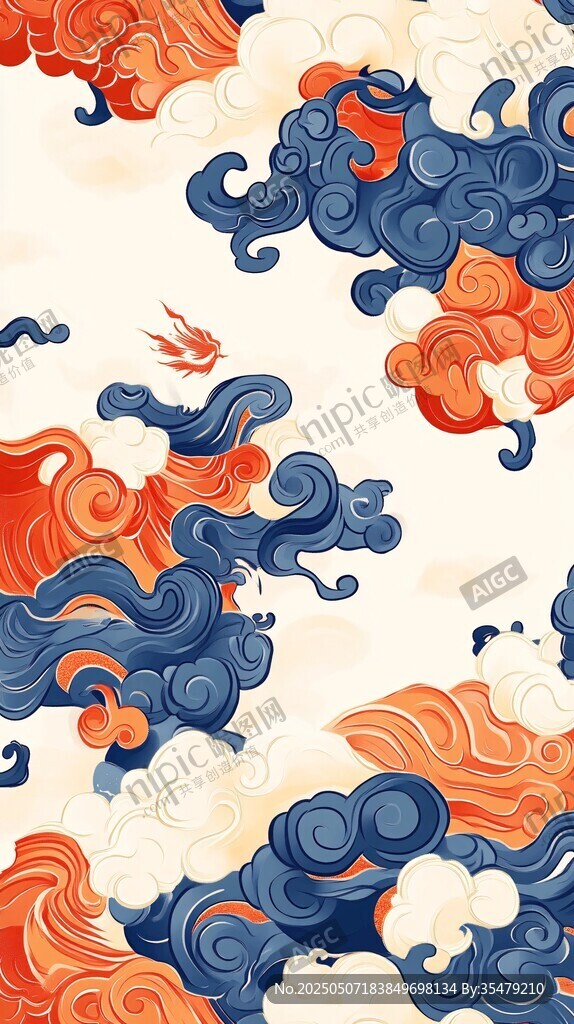 中式云紋海浪飛鳥圖案