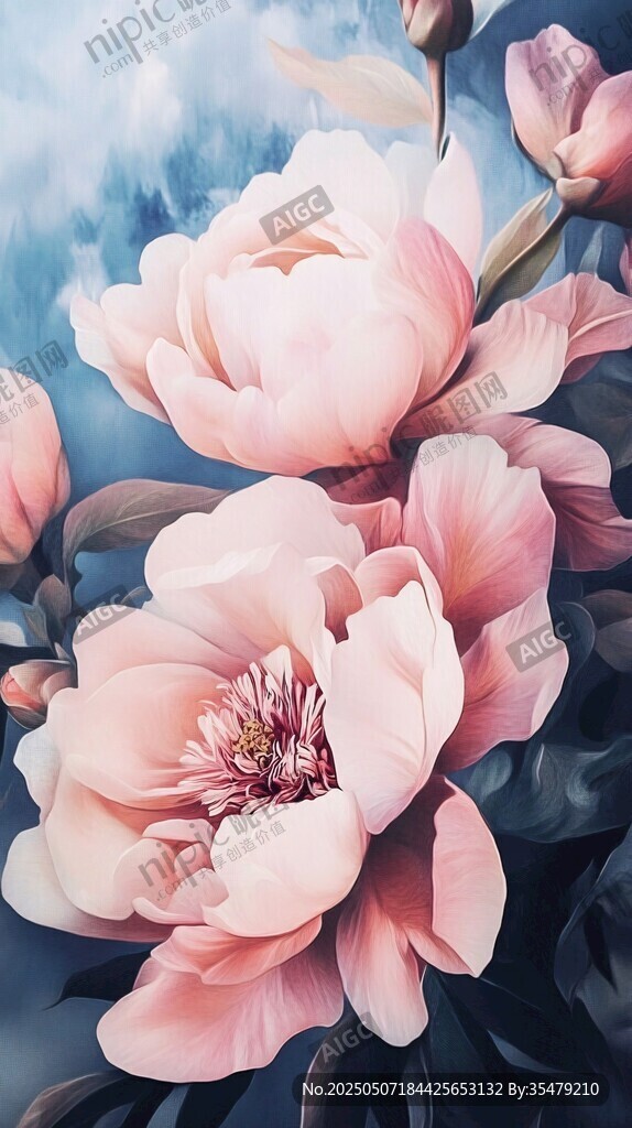 夢(mèng)幻粉色芍藥花卉插畫