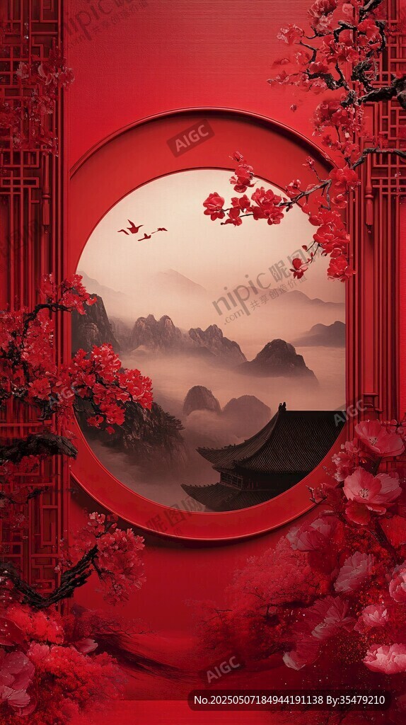 中式紅韻 窗景中的詩意畫卷