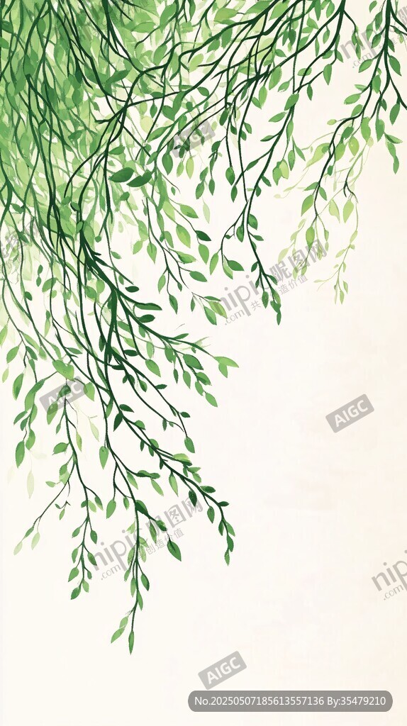垂落的嫩綠柳枝插畫