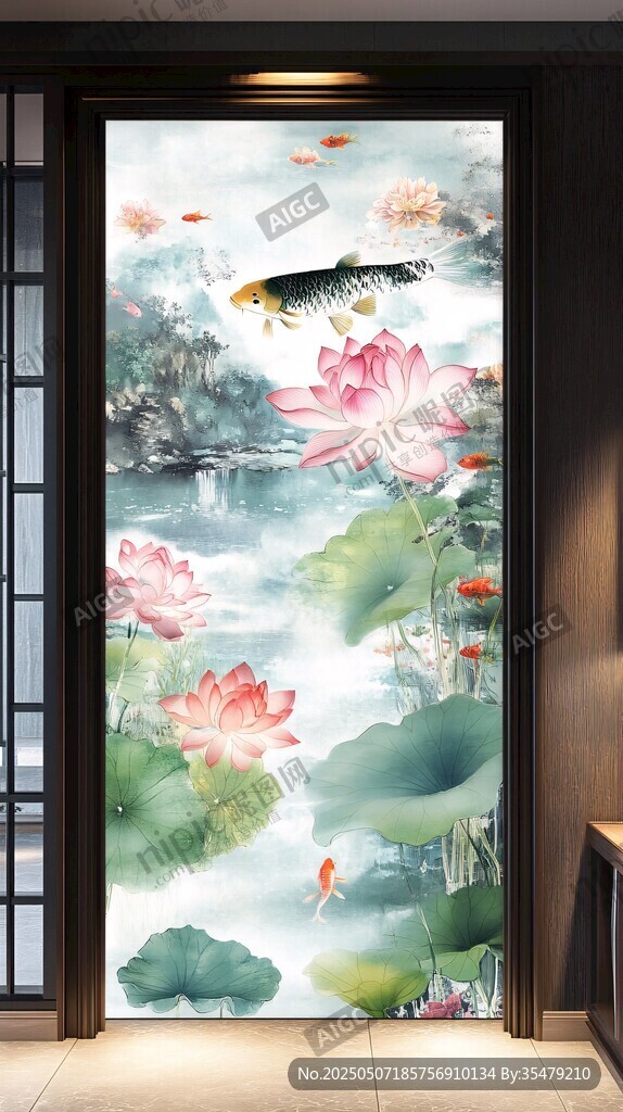中式荷塘錦鯉玄關(guān)裝飾畫