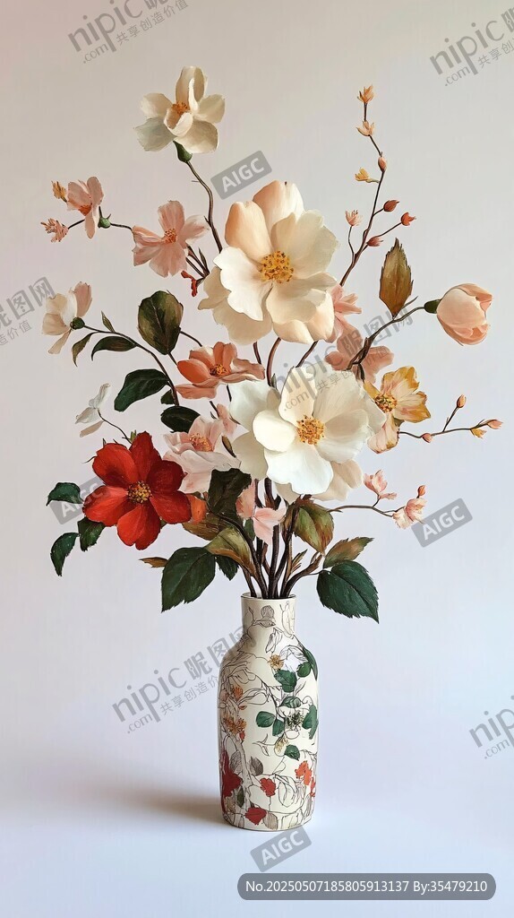 中式花瓶中的多彩仿真花卉