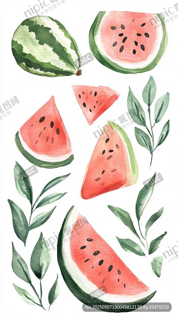 水彩風(fēng)西瓜與綠葉插畫