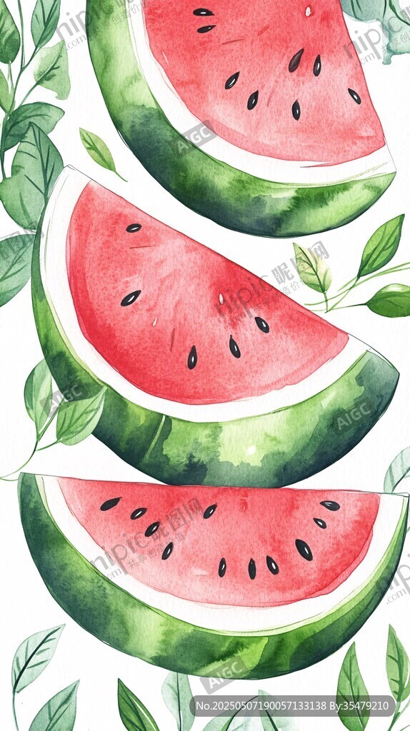 水彩西瓜與綠葉清新插畫