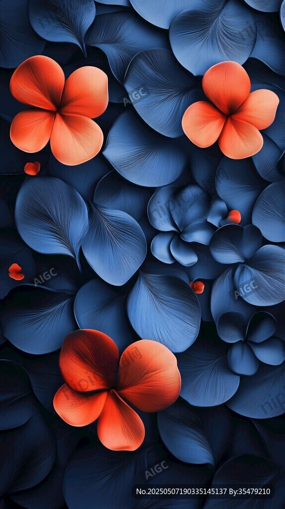 藍底橙花夢幻花卉圖案