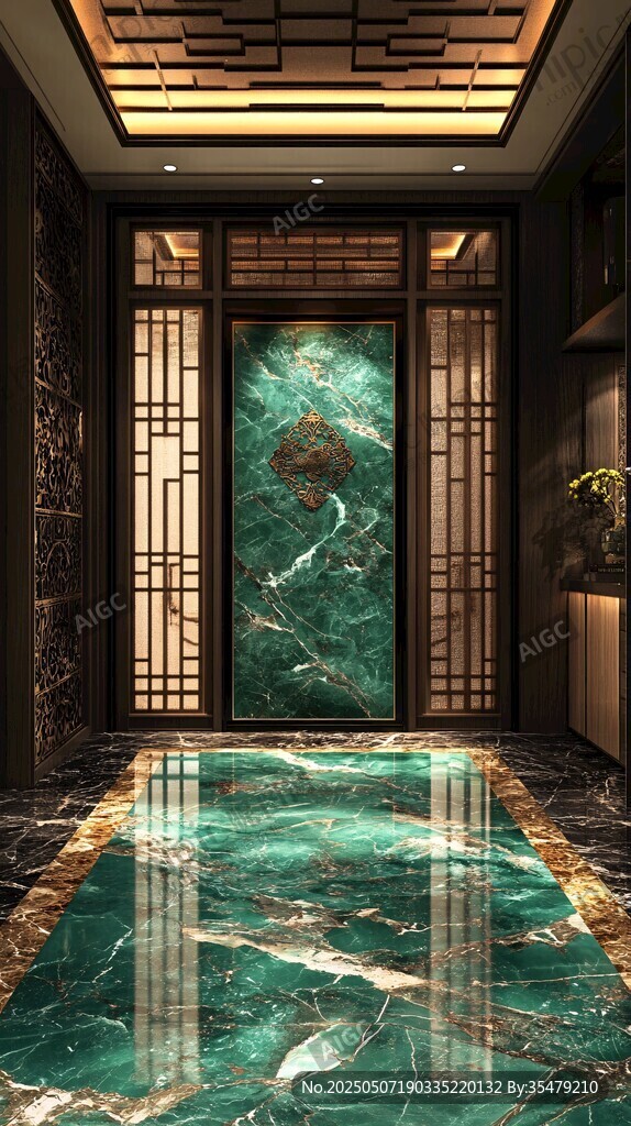 奢華中式玄關 綠寶石般地面