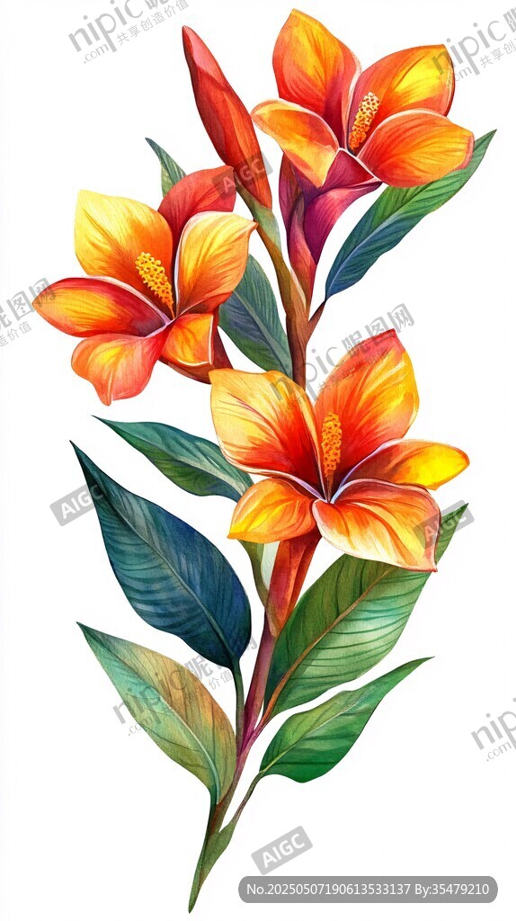 橙黃花卉插畫 色彩明艷