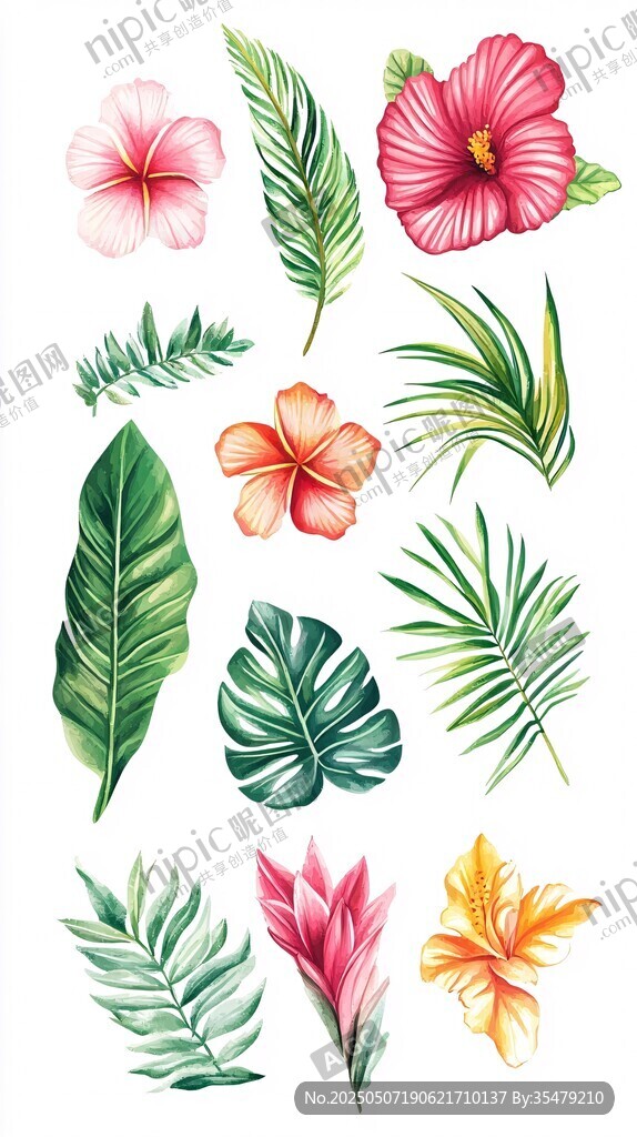 熱帶花卉與葉片插畫素材