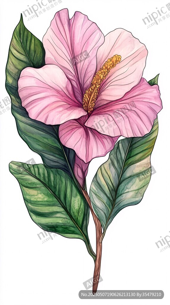 粉色木槿花手繪插畫