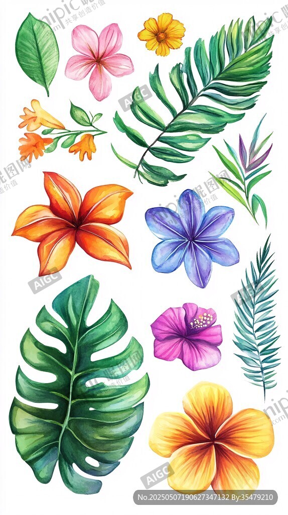 熱帶花卉與葉片插畫素材